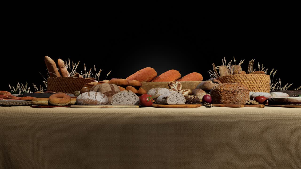 Different Types Of Fresh Bread On Table, Black Background