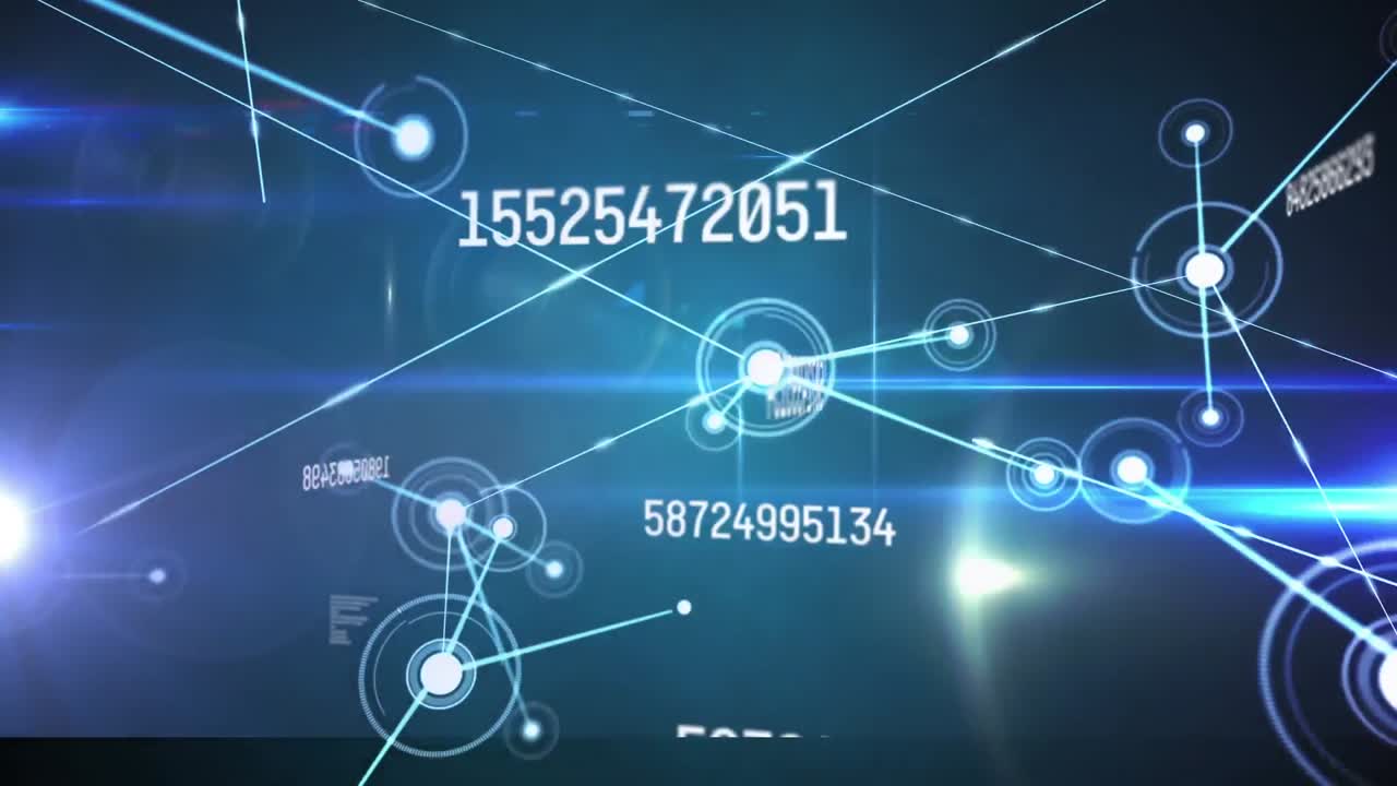 숫자가 바뀌고 연결 네트워크가 보라색 배경에 반 ⁇ 이는 빛을 통해 애니메이션