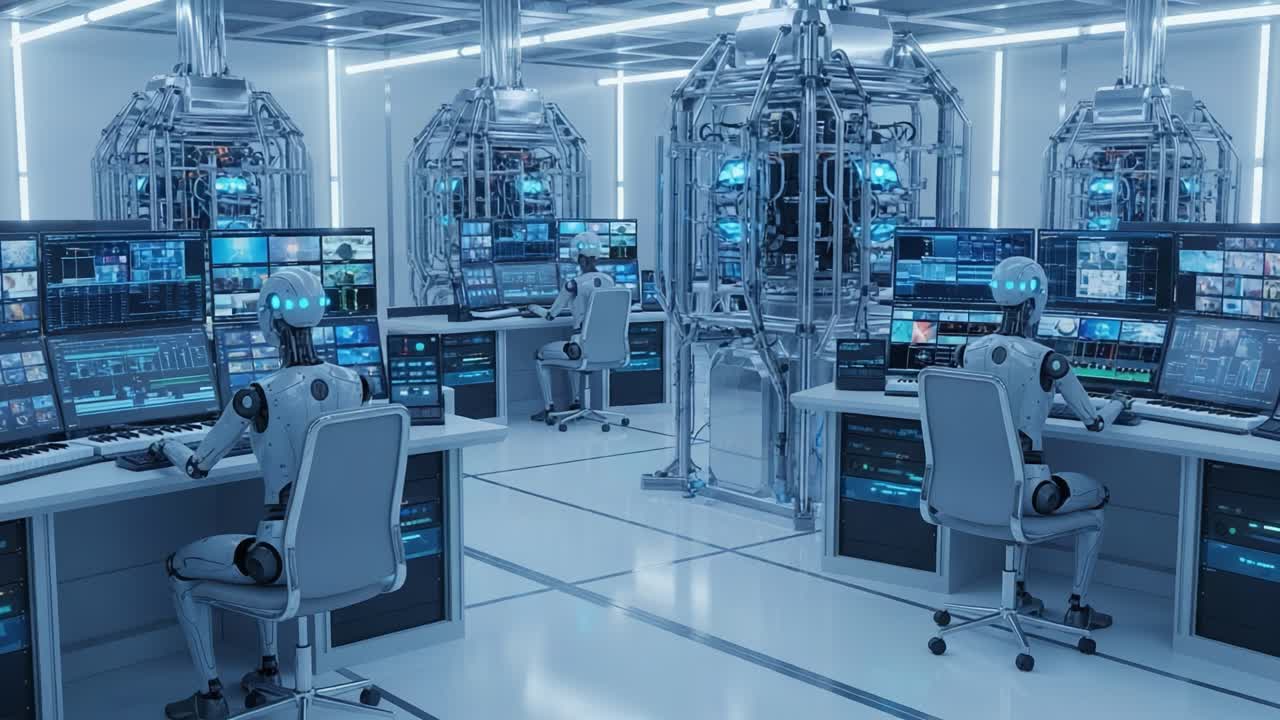 Futuristic Robotics Laboratory Featuring Advanced Androids and High-Tech Workstations in a Sleek, Minimalist Setting with Multiple Screens and Monitors