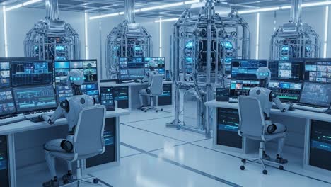 futuristic robotics laboratory featuring advanced androids and high-tech workstations in a sleek, minimalist setting with multiple screens and monitors