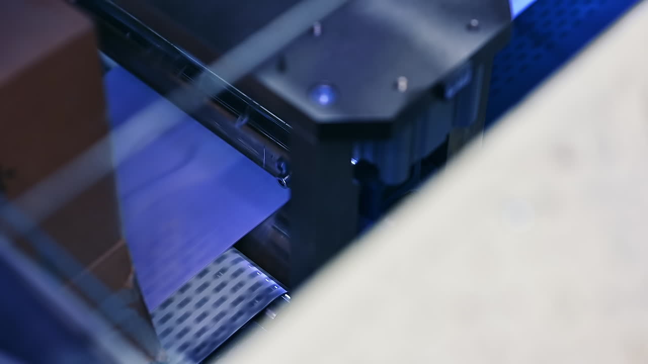 Technological process of producing diapers at the plant. Equipping for manufacturing nappies. Close up. Blurred foreground.