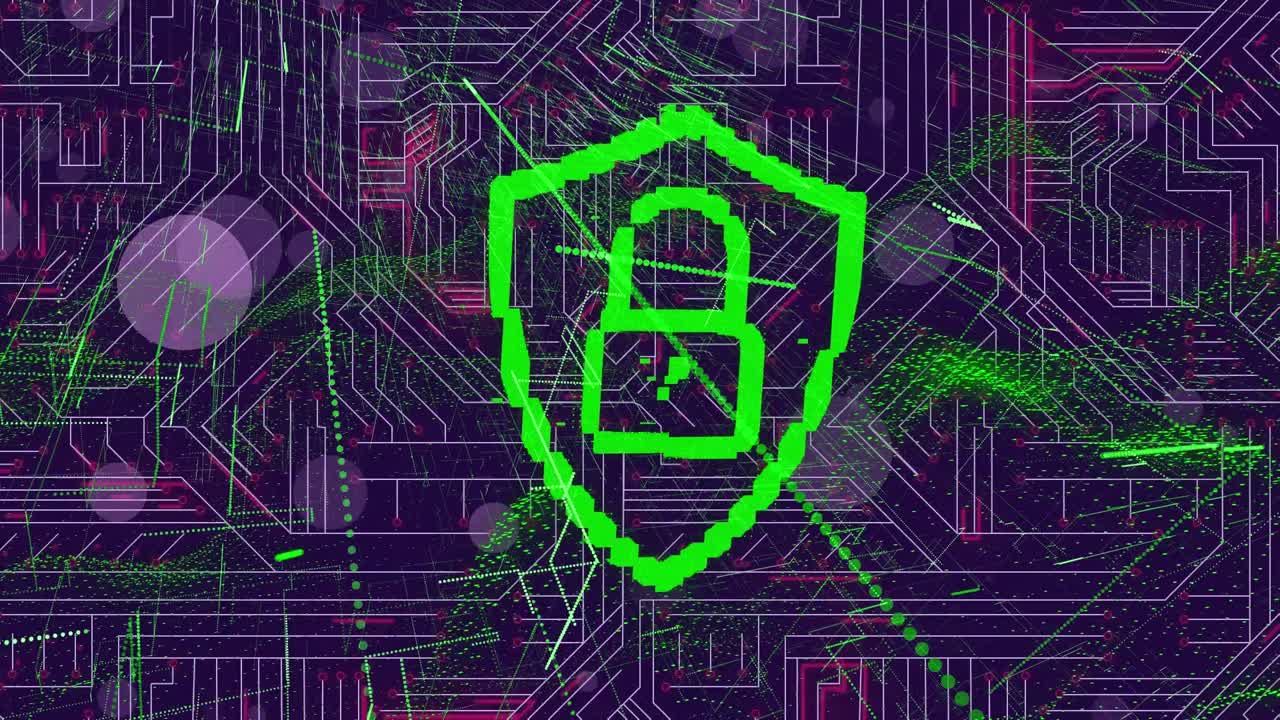 animación de puntos púrpuras y candado digital sobre circuito integrado sobre fondo violeta