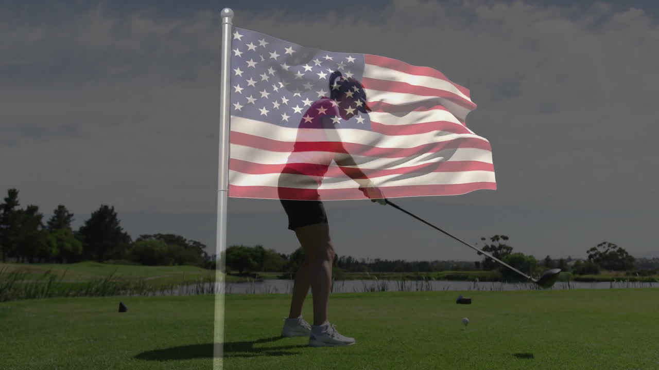 Woman swinging club on golf course tee box, showing US flag overlay with business chart animation