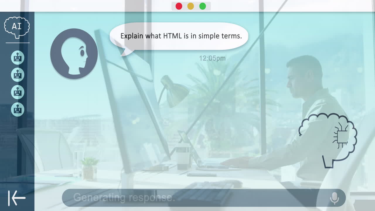 animación de procesamiento de chat en línea sobre hombre caucásico usando computadora portátil