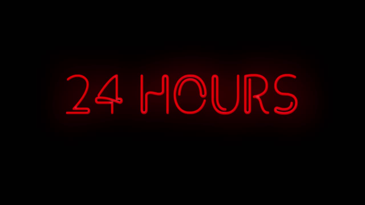 señal de color neón rojo parpadeante de 24 horas en fondo negro encendido y apagado con parpadeo