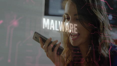 speaking on smartphone, woman with animation of malware text overlay in school