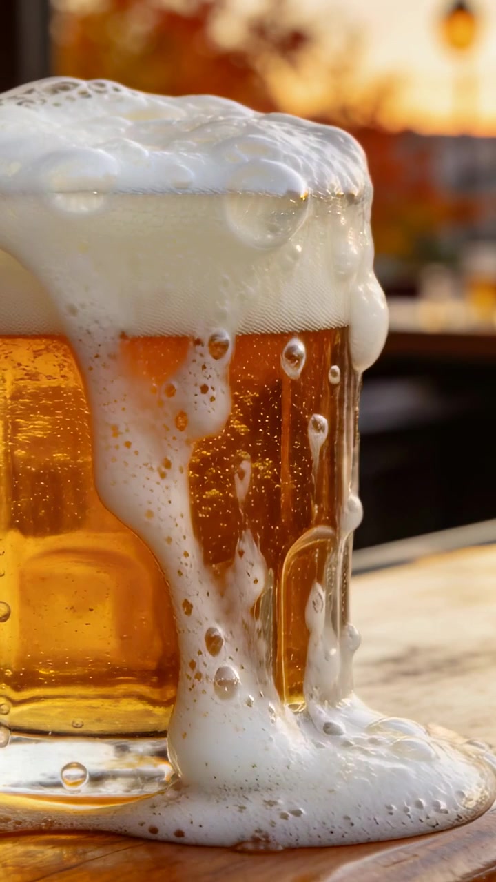 Vertikales Video: Überlaufender Schaum auf klarem Bierkrug, fließt an der Seite herunter und sammelt sich auf Holztisch.