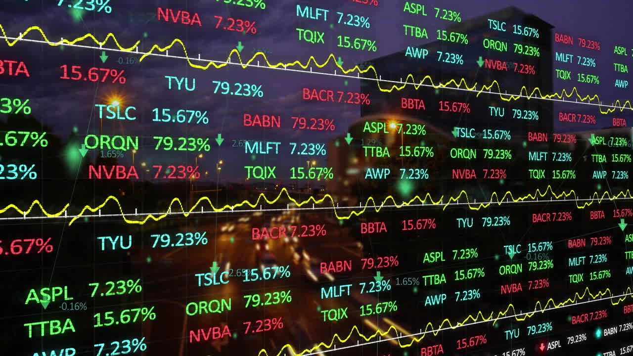 การประมวลผลข้อมูลตลาดหุ้นตัดกับภาพการจราจรในเมืองยามค่ำคืน