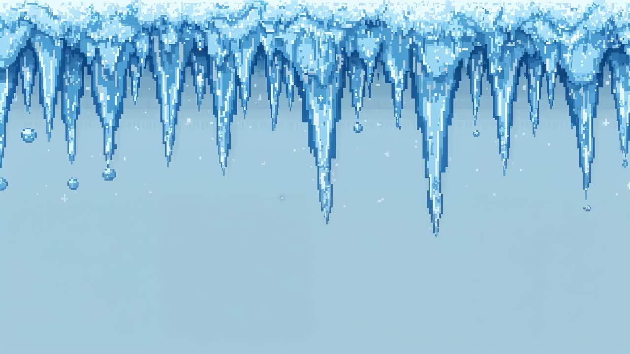 Melting row of icicles releasing droplets forming and falling from pixel-art snow cap eave