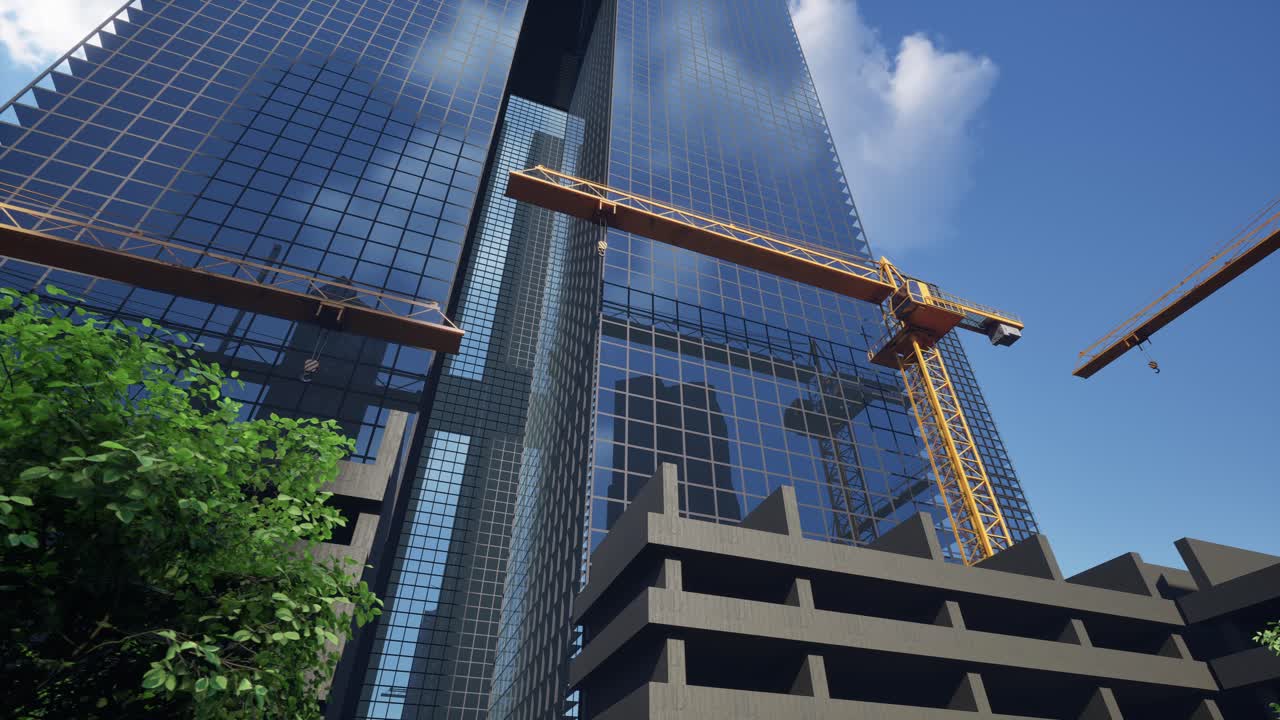 Edificio de gran altura con una grúa amarilla