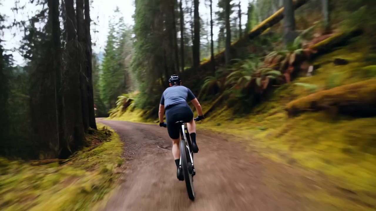 Un ciclista pedala in avanti su un sentiero sterrato sinuoso, circondato da una fitta foresta, felci e pendii coperti di muschio, con sfocatura di movimento e luce naturale diffusa che creano un'atmosfera di corsa energica.