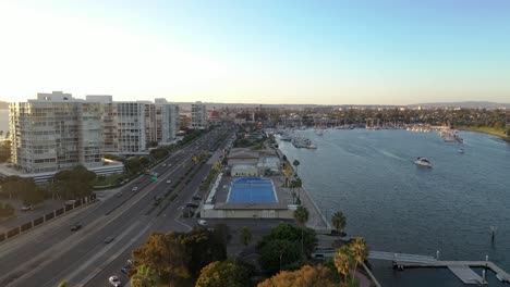 still aerial shot over coronado community center in san diego, california during golden hour