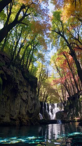 a serene video scene captures a low-angle view of a forest canopy with vibrant autumn leaves