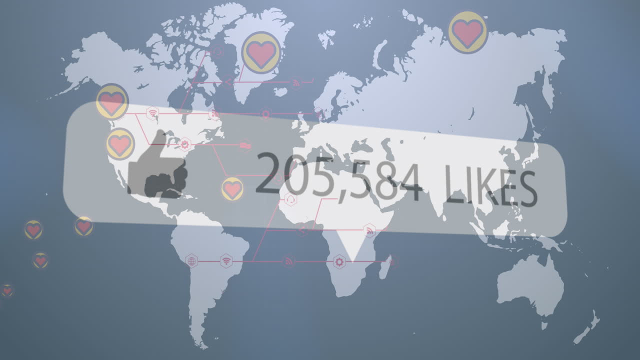 파란색 배경의 세계 지도 위에 숫자와 심장 아이콘을 증가시키는 것과 같은 아이콘의 애니메이션