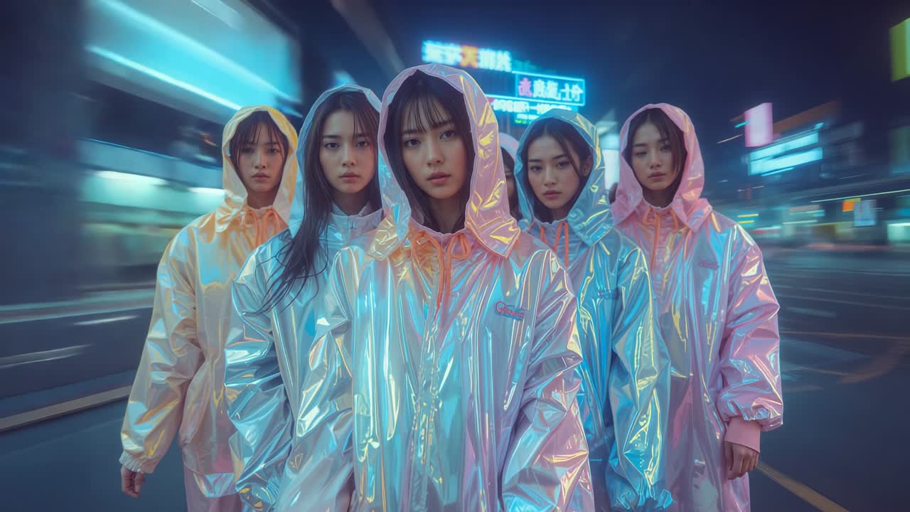 Walking five women in shiny coats advancing toward camera under neon signs, wet asphalt reflections
