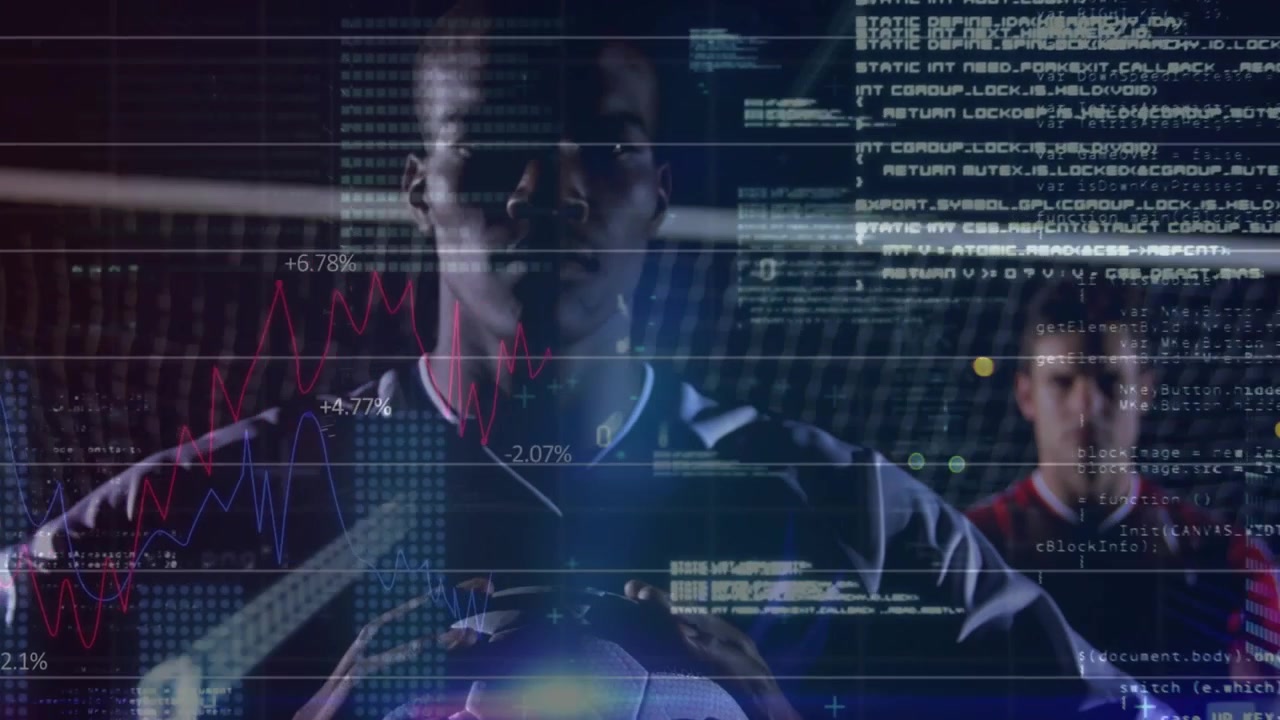 Lead male soccer player holding ball while camera rising, data animating over player, showing stats