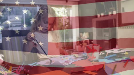 Animation-Der-Flagge-Der-USA-über-Einem-Glücklichen-Kaukasischen-Mädchen,-Das-Zu-Hause-Malt
