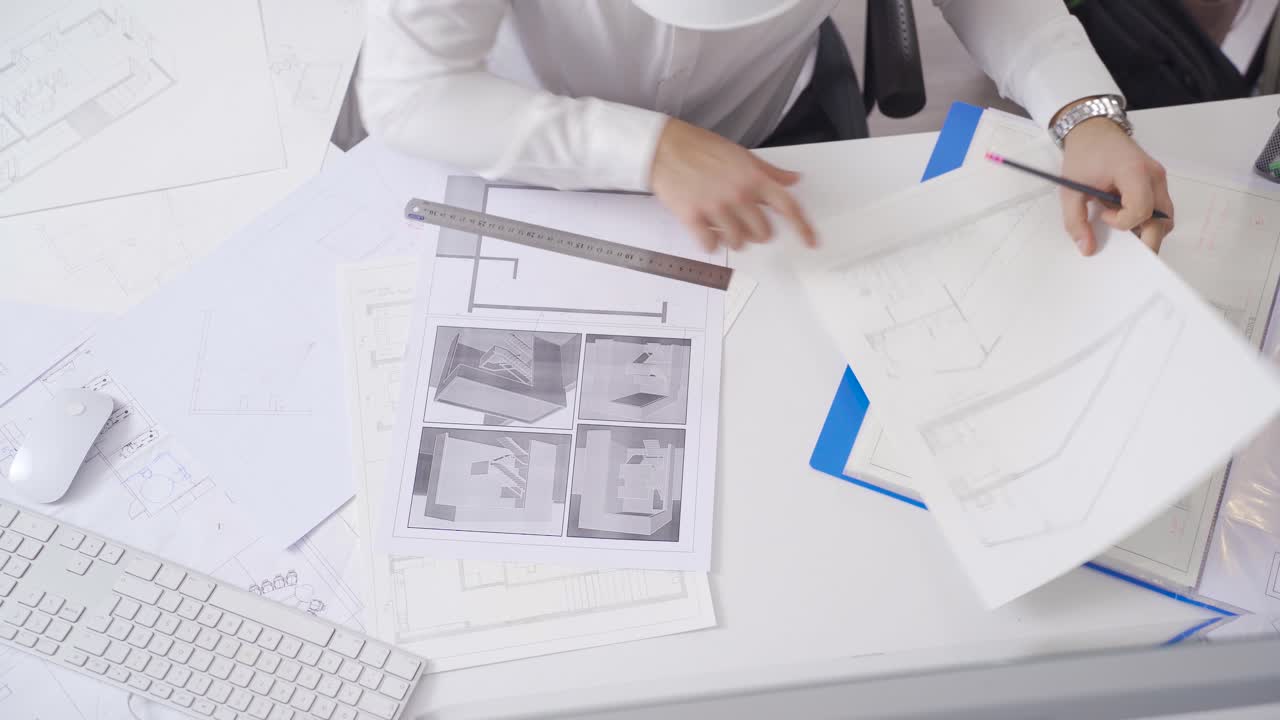 건축 엔지니어가 집의 인테리어 디자인을 그리고 있습니다.