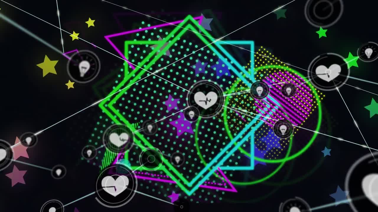 추상적인 네온 모양과 검은색 배경 위에 아이콘으로 연결된 네트워크의 애니메이션