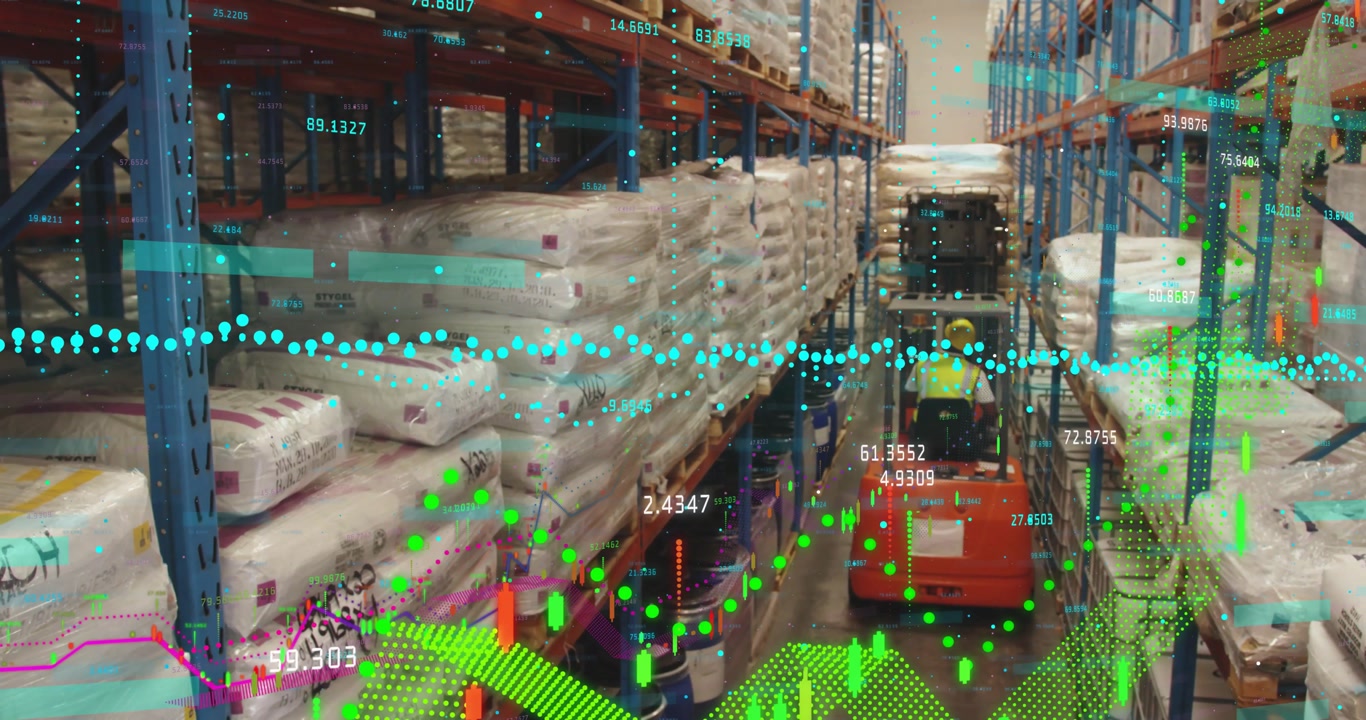 Worker-triggered forklift navigating aisle projecting data overlays for safety metrics