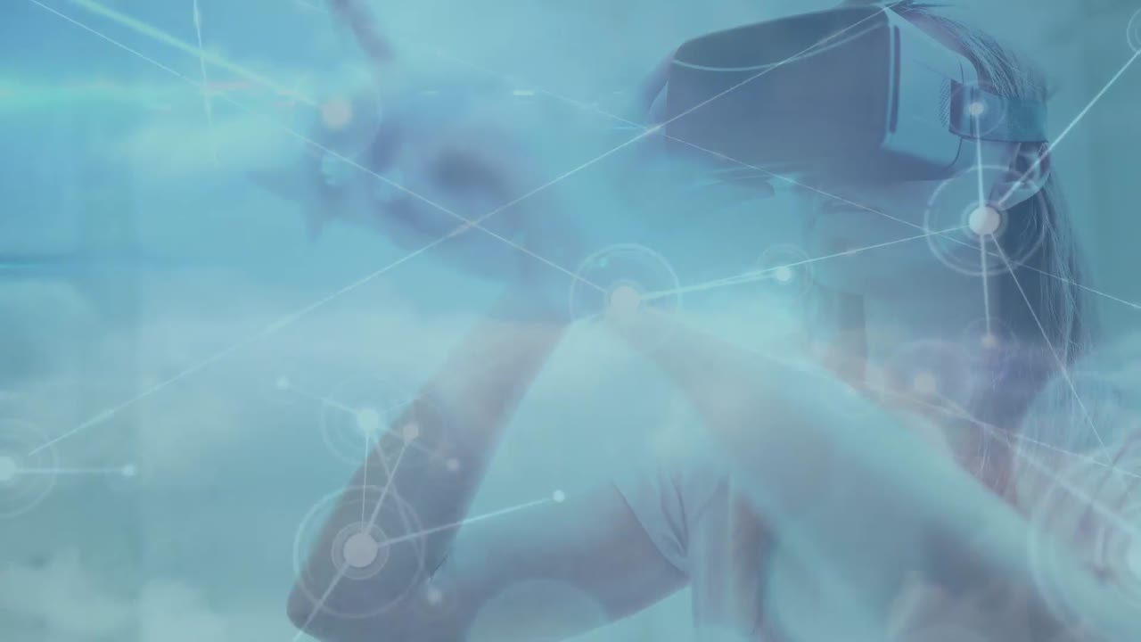 Animation of network of connections moving over woman wearing vr headset