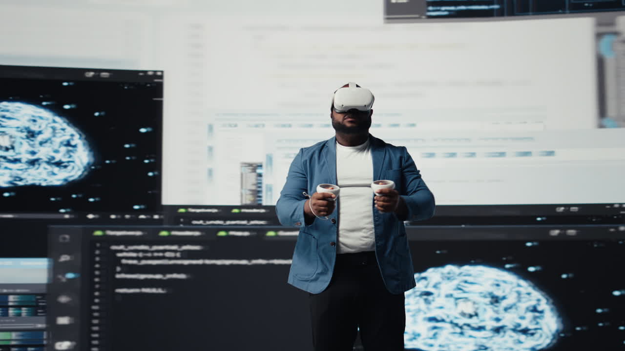 African American programmer engaging in virtual reality with a headset