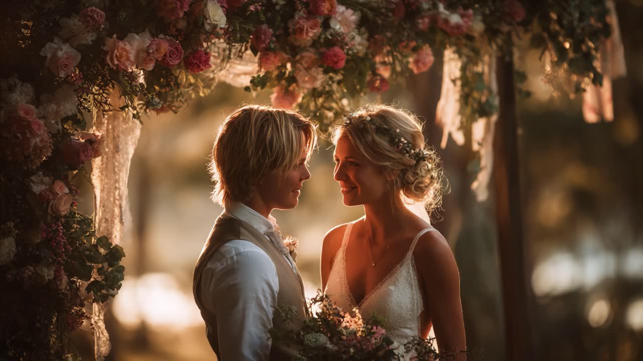 A Romantic Moment Captured: A Couple Celebrating Their Love Under a Gorgeous Floral Archway During a Golden Hour in an Enchanting Setting