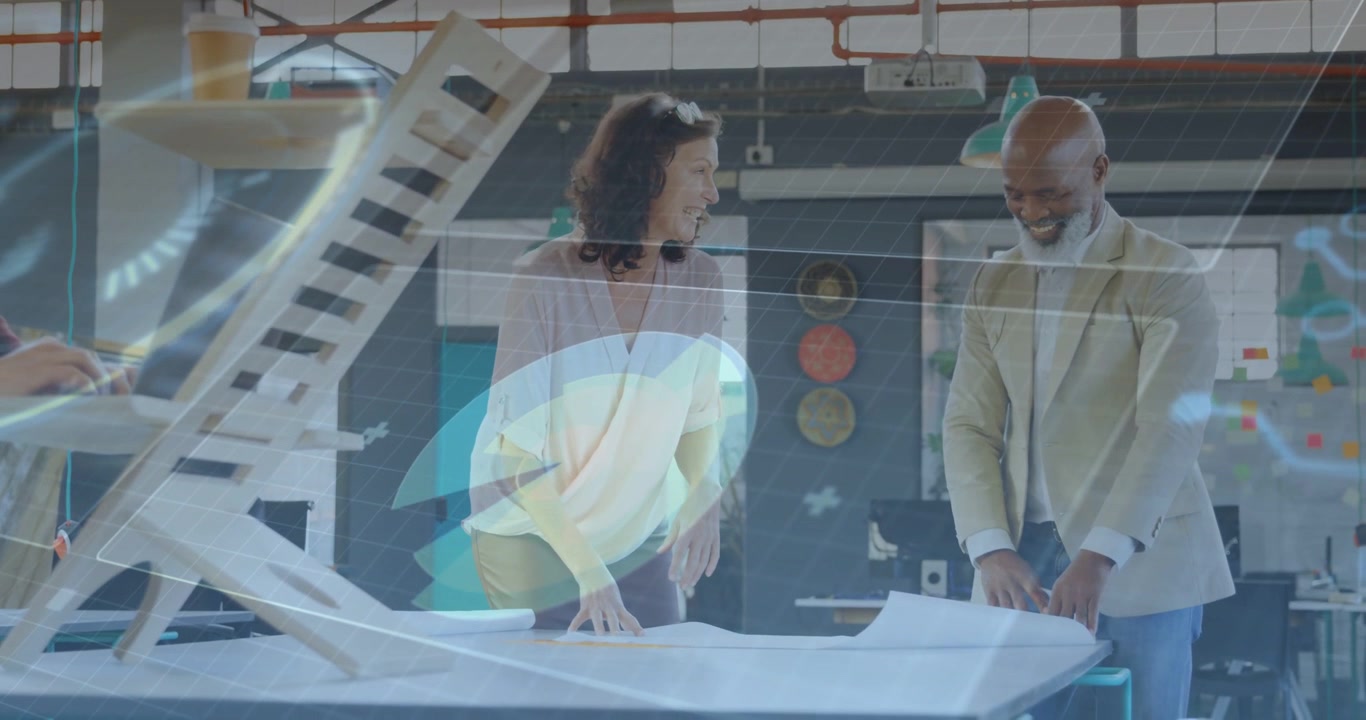 Vertical video: Leaning woman in shades initiating review, man smoothing plans near model in studio