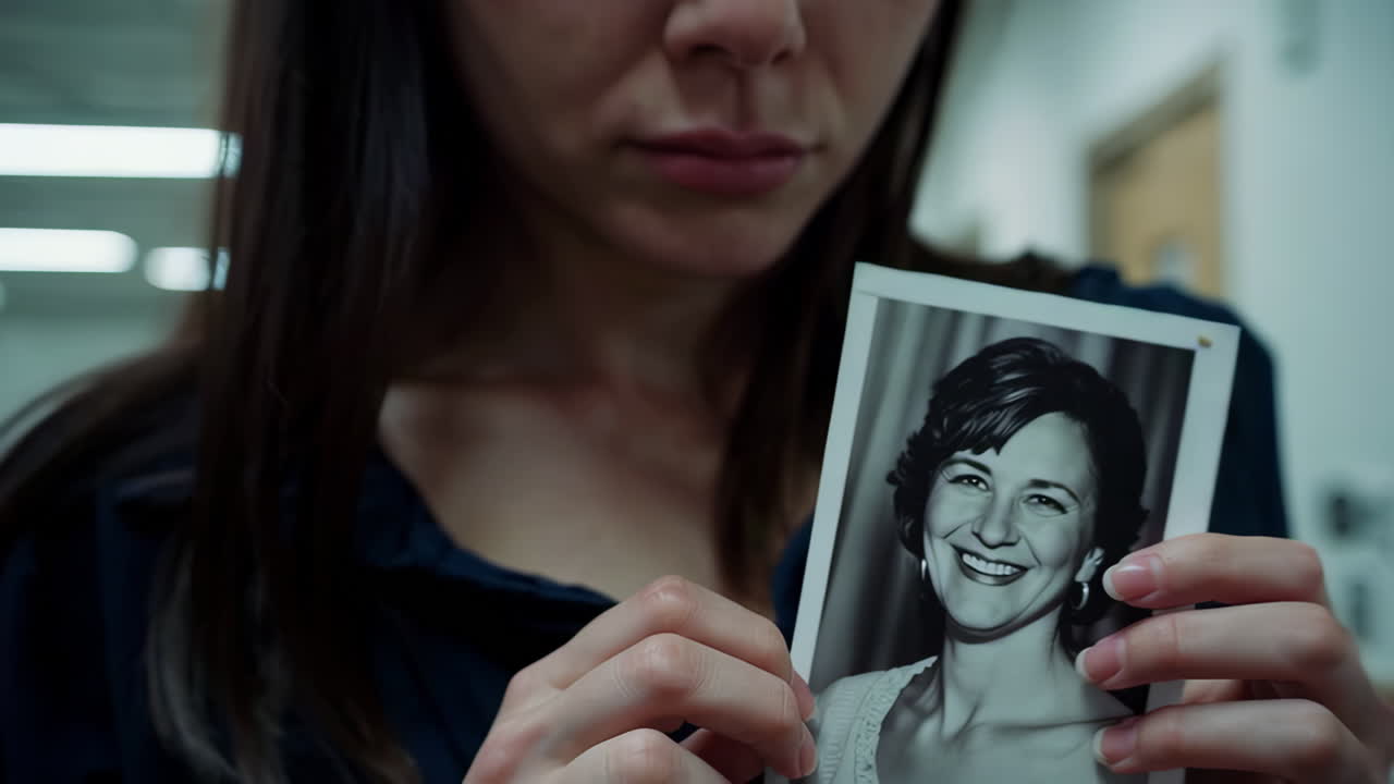 Woman looking at a photo in a hospital hallway