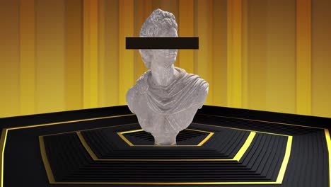 animación de busto de escultura clásica con barra de censura sobre los ojos con fondo a rayas doradas