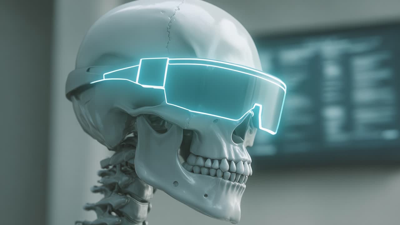 Futuristic Skeleton with Augmented Reality Glasses: A Dynamic Exploration of Technological Integration with Human Anatomy and Advanced Robotics in a Modern Environment