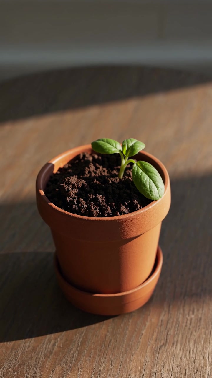 Piccola piantina verde in un vaso di terracotta su un tavolo di legno