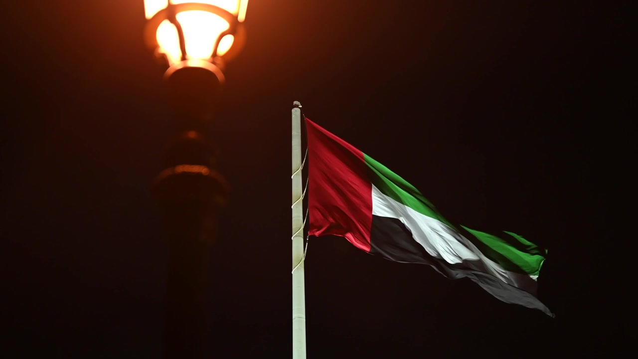 The United Arab Emirates flag waving proudly in the night sky.
