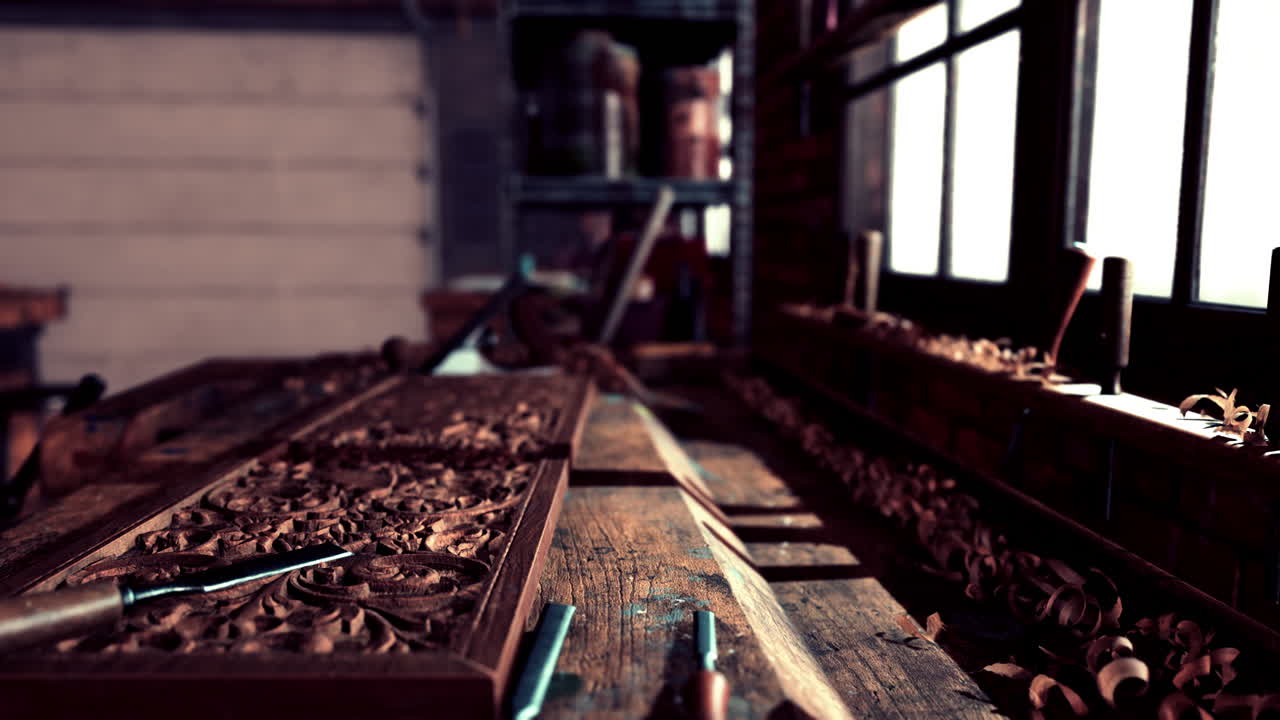 Vintage stylized old carpenter workshop interior