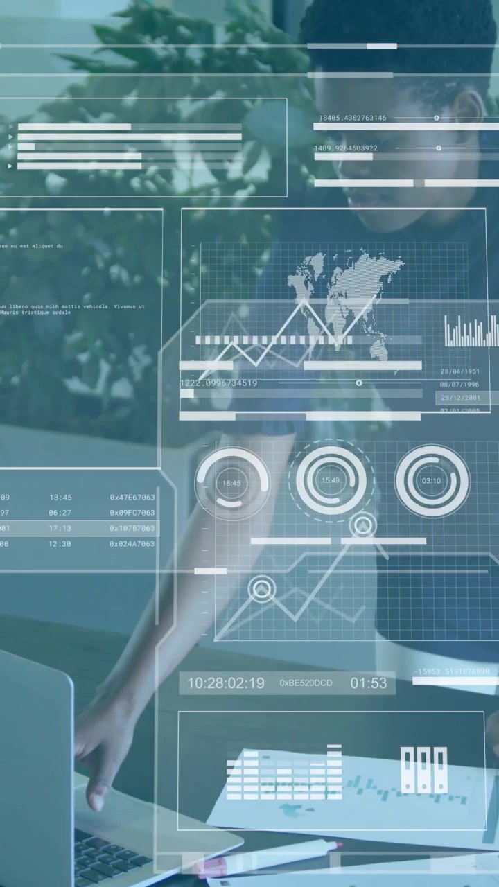 Vertical video: Analyst using laptop and gesturing, expanding charts and globe for business insight