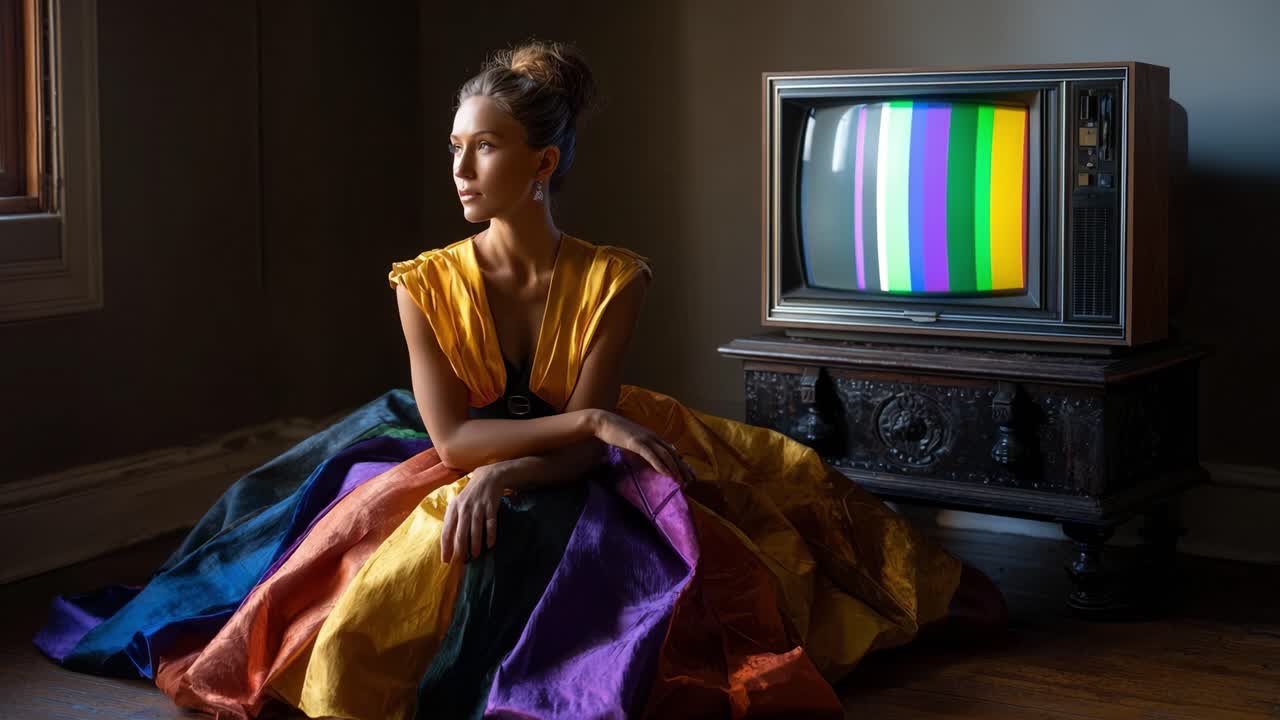 En moderigtig kvinde i en farverig kjole poserer elegant ved siden af et vintage fjernsyn, der fanger en unik blanding af retro og moderne æstetik i et stilfuldt miljø.