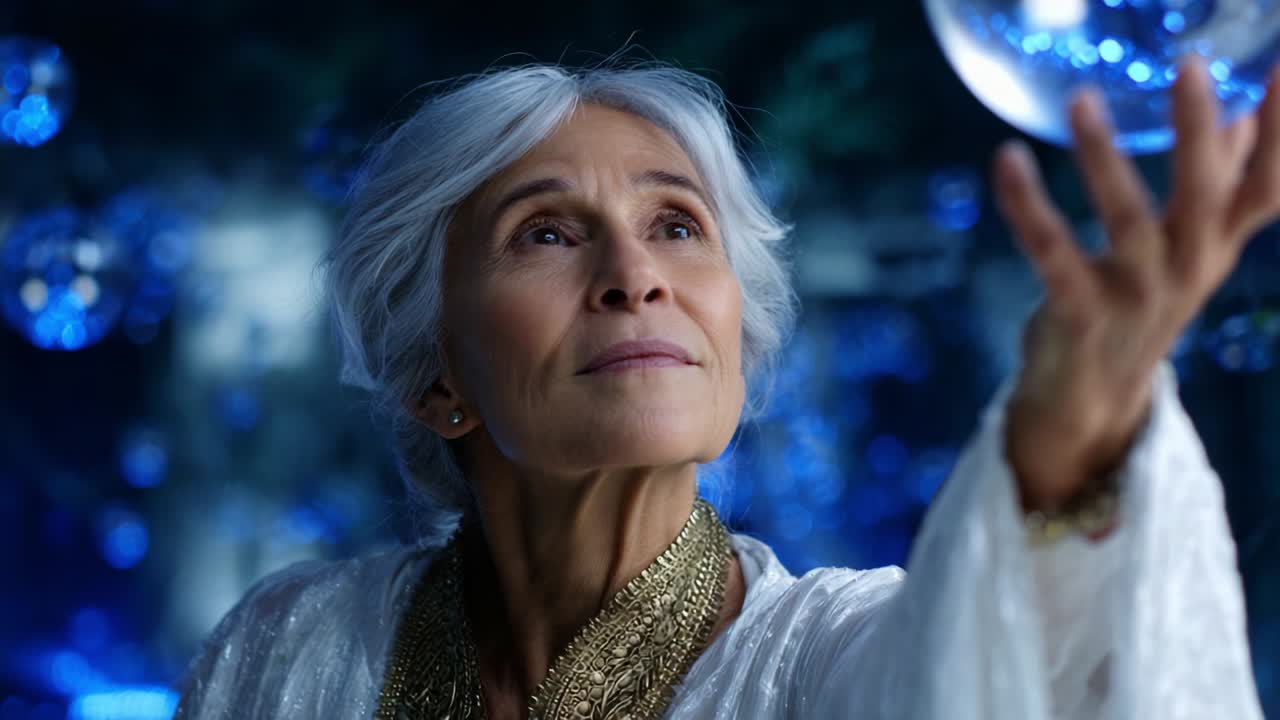 An ethereal figure appears to reach for a shimmering orb, embodying a sense of wonder and mystique amidst a backdrop of enchanting bluish hues, evoking feelings of serenity and connection to a magical realm