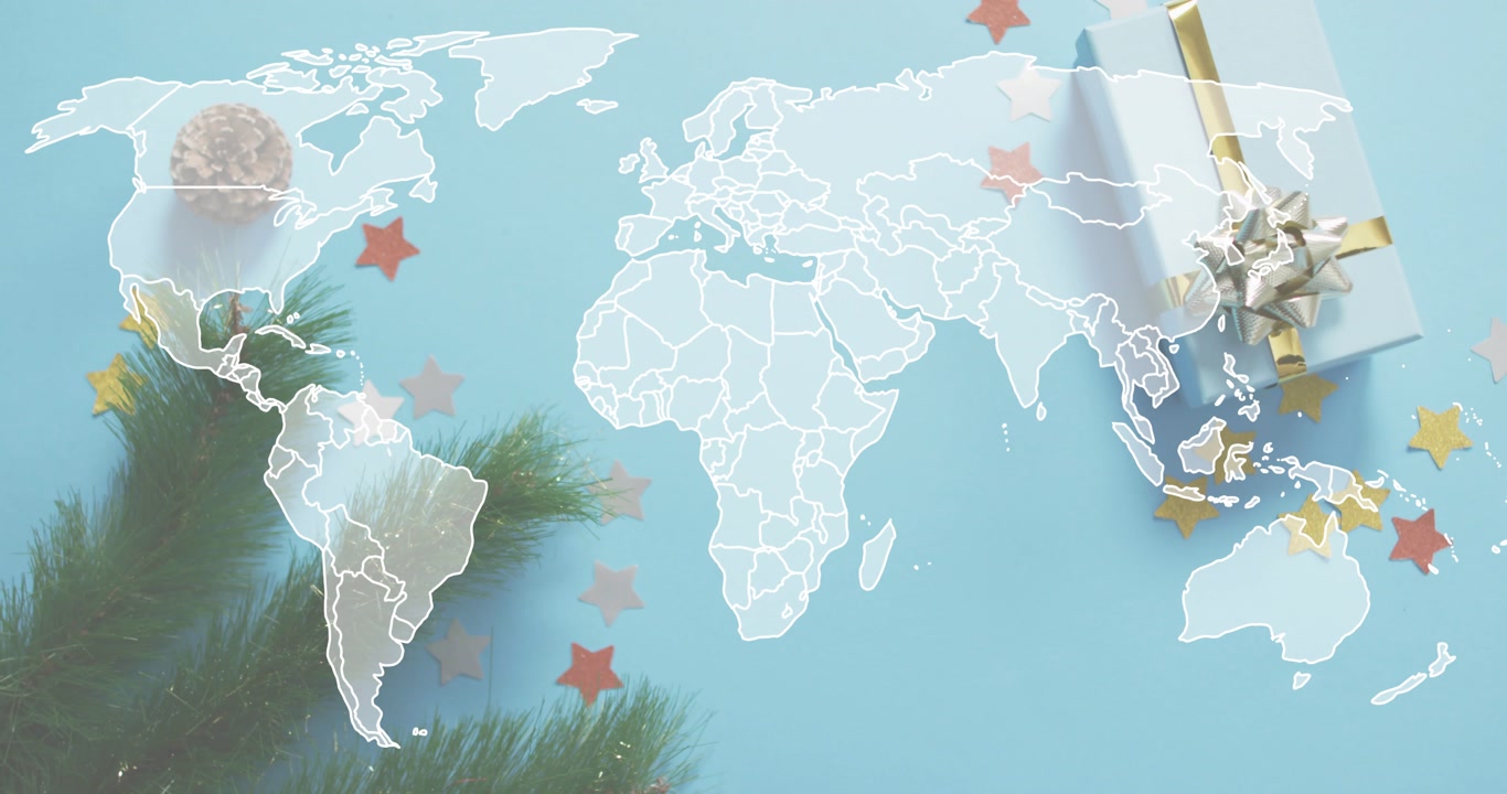 On start, world map overlay drawing map outlines over festive table, pulsing route highlights