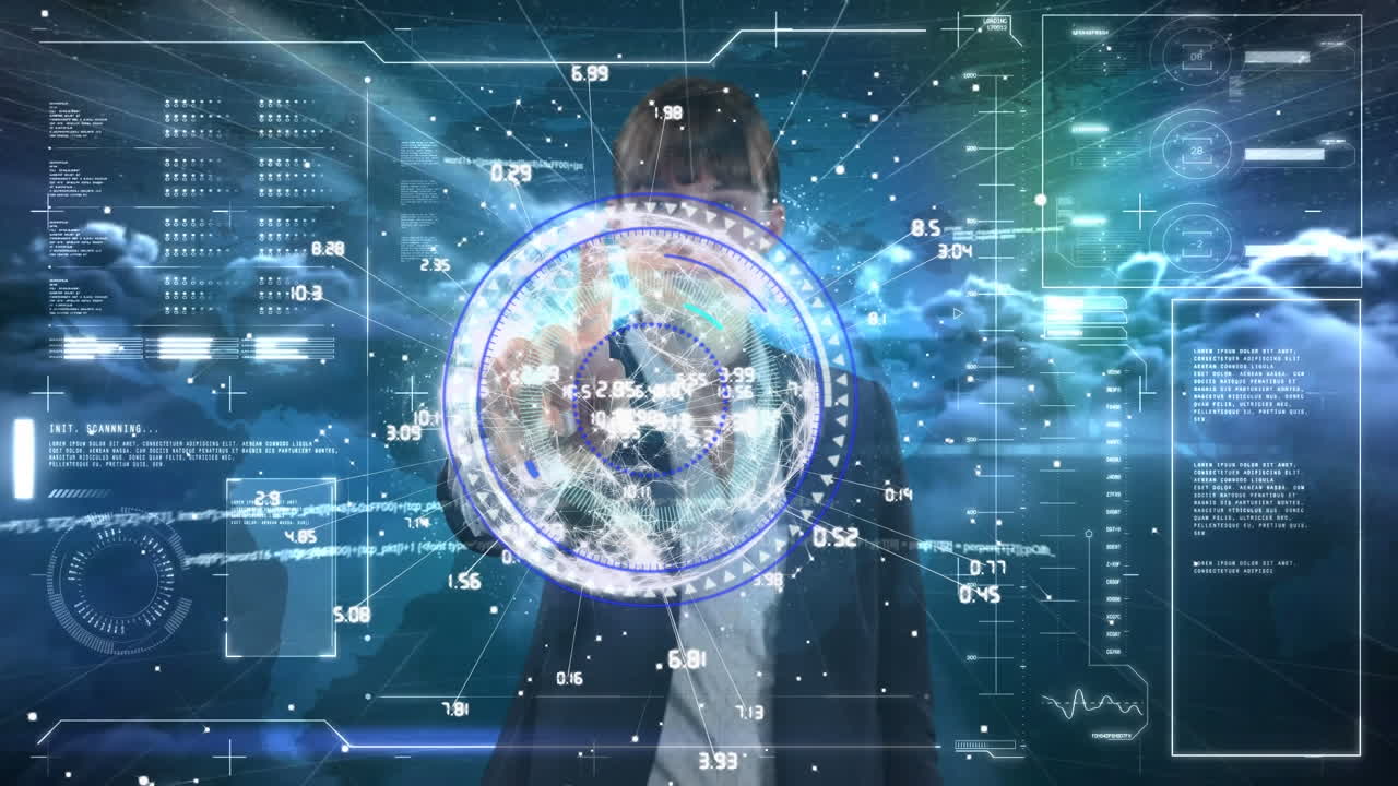 animación del procesamiento de datos con escaneo de alcance y mujer de negocios caucásica sobre el cielo con nubes