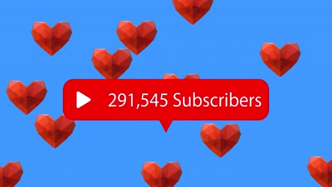 burbuja de habla con suscriptores texto con números crecientes contra los iconos de corazón flotando