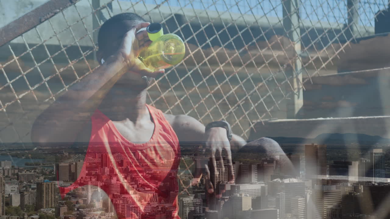 운동 중 물 을 마시는 아프리카계 미국인 남성 운동 선수 에 대한 도시 풍경 의 애니메이션