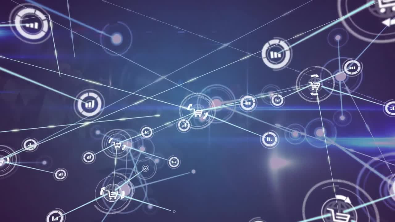 animación de iconos de gráficos y carritos que se conectan con líneas y destellos de lentes en un fondo abstracto