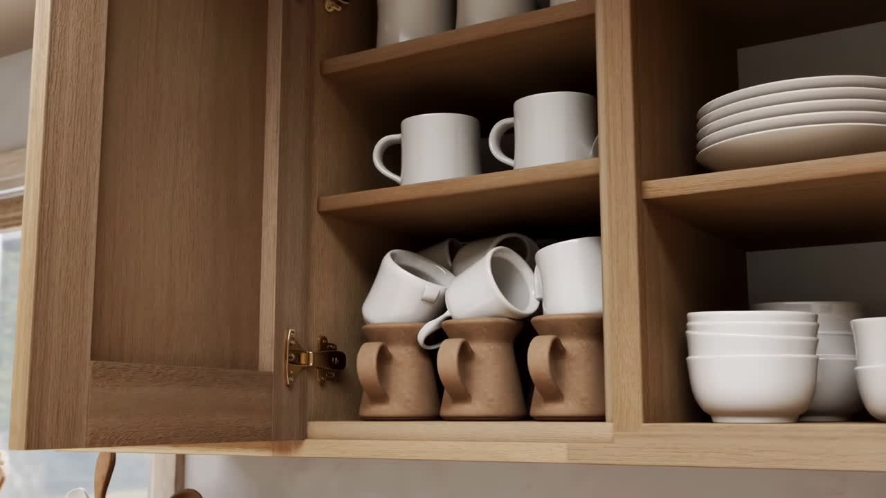 Organized Wooden Kitchen Cabinet with Cups, Mugs, and Plates