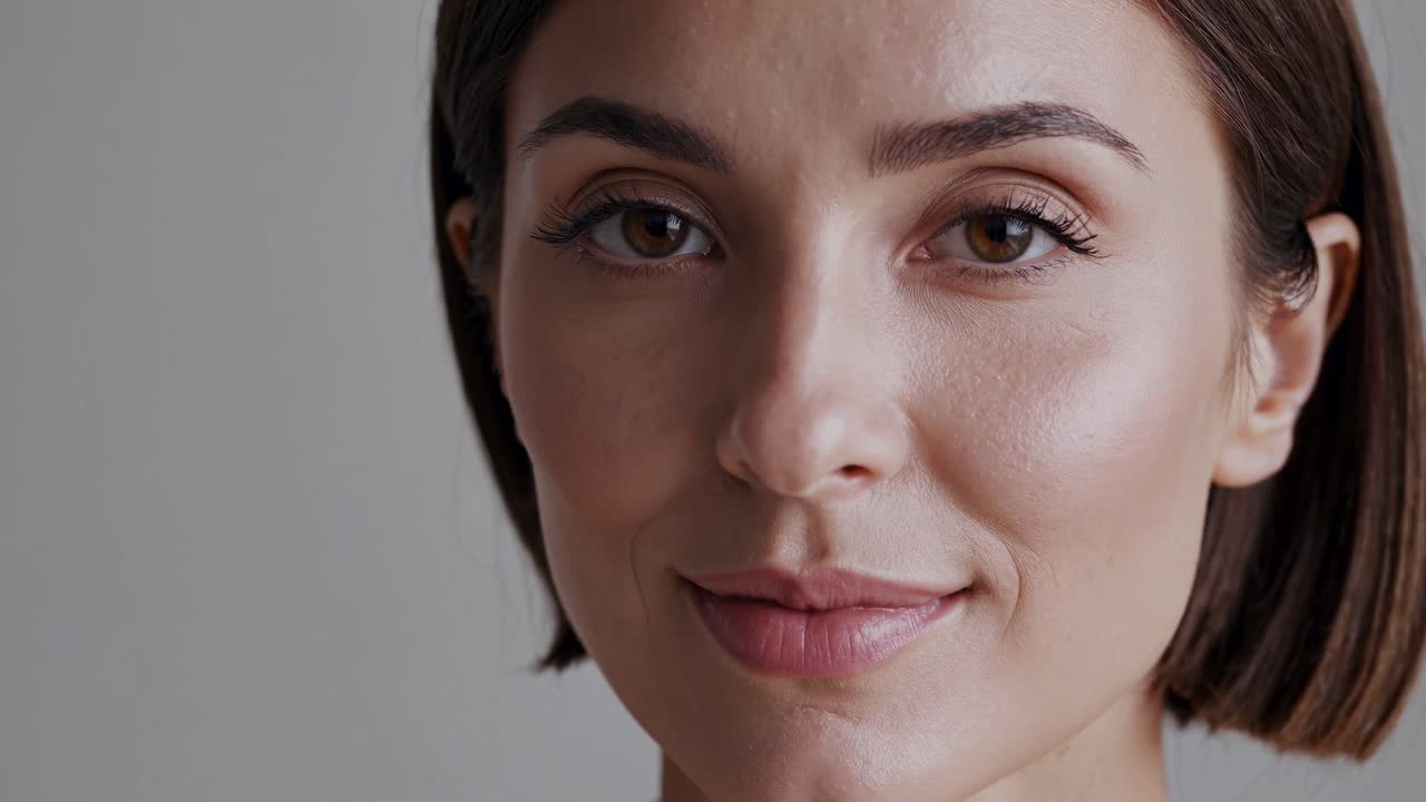 Close-up video portrait of a woman with a neutral expression