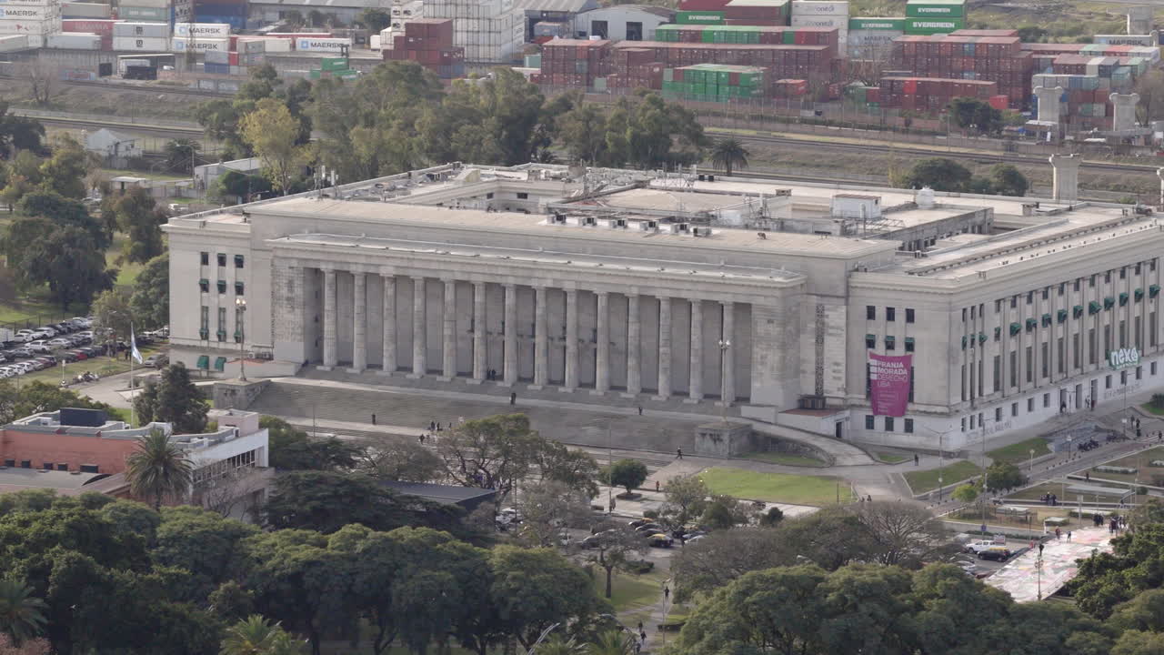 Aerial view of the University of Buenos Aires (UBA) Law School building surrounded by green areas and city streets