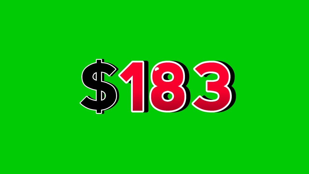 Animation number $183 dollar sign motion graphics with smoke effect green screen background vibrant red numbers. Video 3D effect with shadows for video elements business concept
