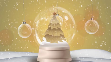 Animación-Digital-De-Nieve-Cayendo-Sobre-Una-Estrella-Fugaz-Girando-Alrededor-Del-árbol-De-Navidad-En-Un-Globo-De-Nieve.