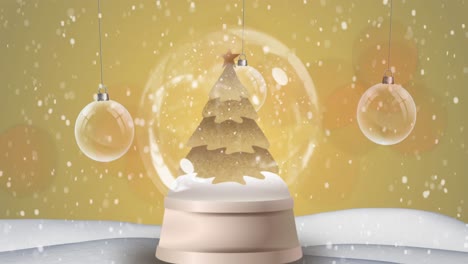 digital animation of snow falling over shooting star spinning around christmas tree in snow globe an