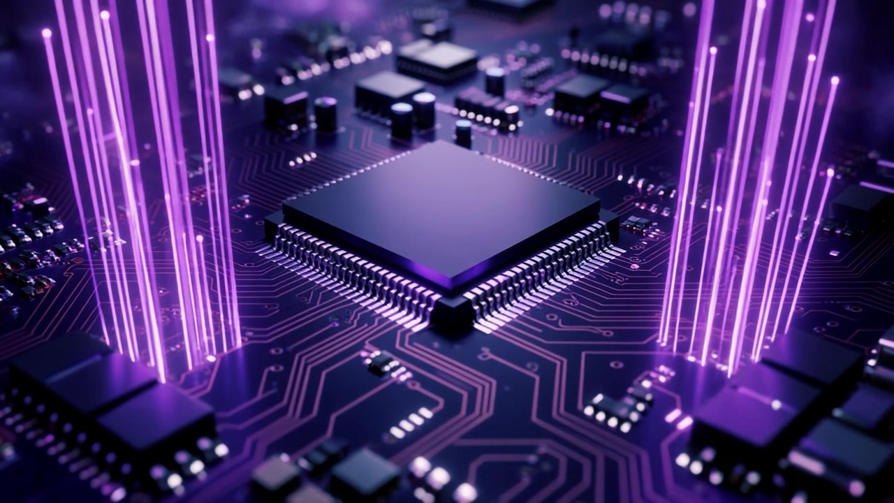 Futuristisk computerprocessorchip med glødende datastrømme på printplade