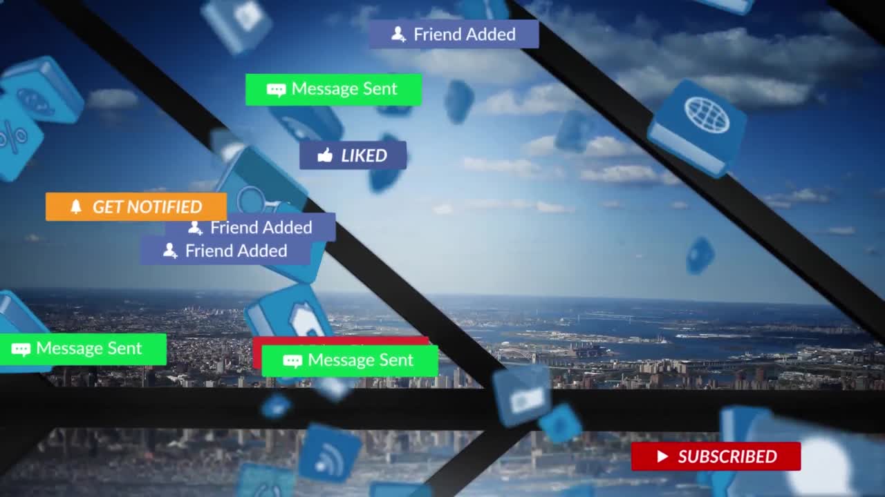 도시 풍경 위에 디지털 아이콘이 있는 배너에 있는 소셜 미디어 텍스트의 애니메이션